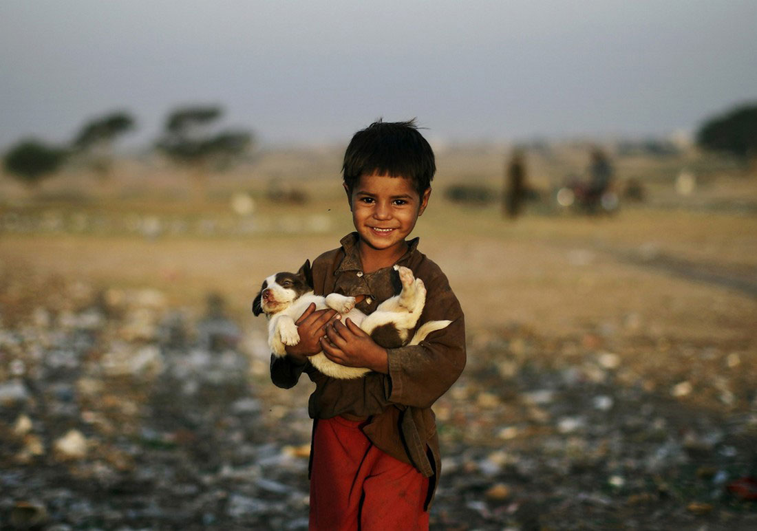 афганский беженец несет щенка, фото